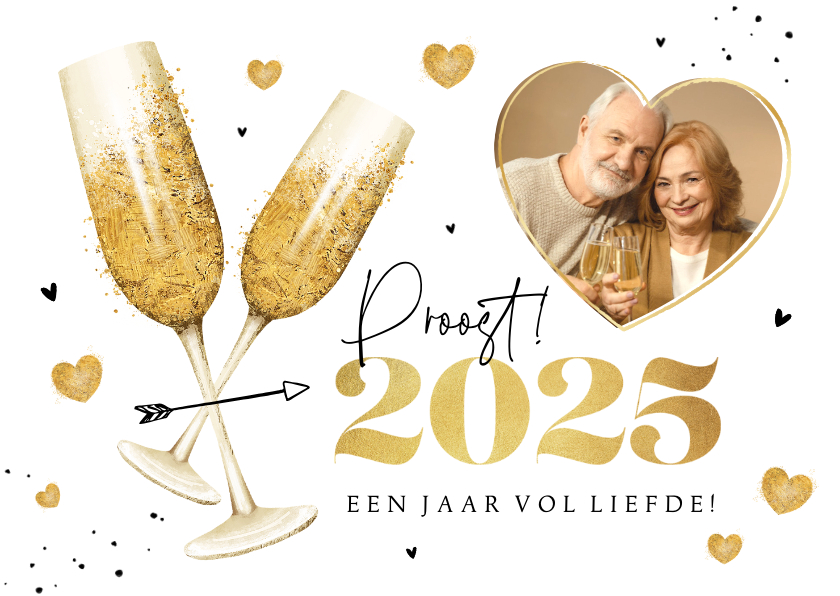 Nieuwjaarskaarten - Nieuwjaarskaart champagne hartjes liefde goud 2025 foto