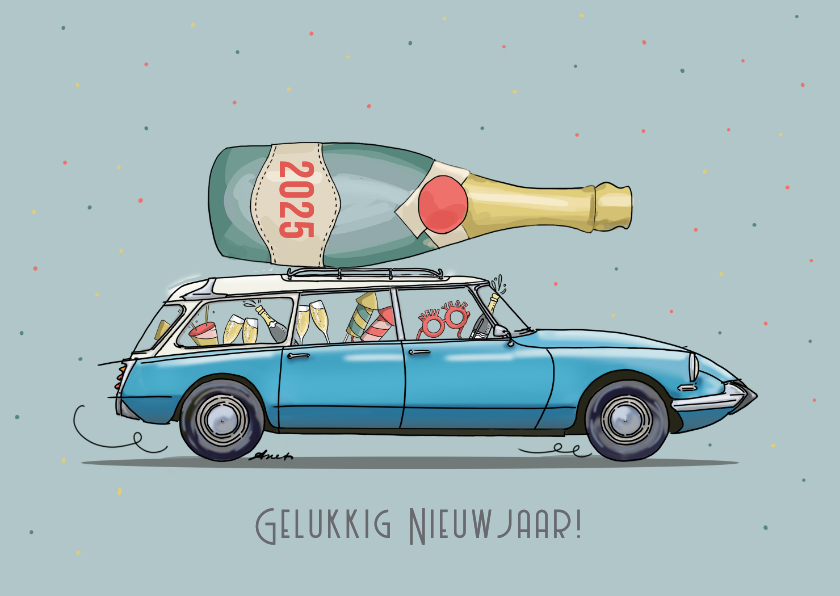 Nieuwjaarskaarten - Nieuwjaarskaart Citroën DS break met champagne fles