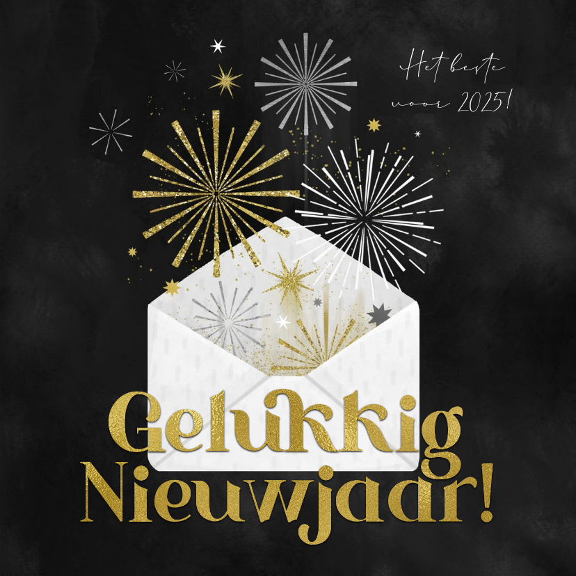 Nieuwjaarskaarten - Nieuwjaarskaart envelop vuurwerk goud sterren 2025