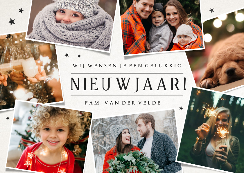 Nieuwjaarskaarten - Nieuwjaarskaart fotocollage met 7 eigen foto's en sterren