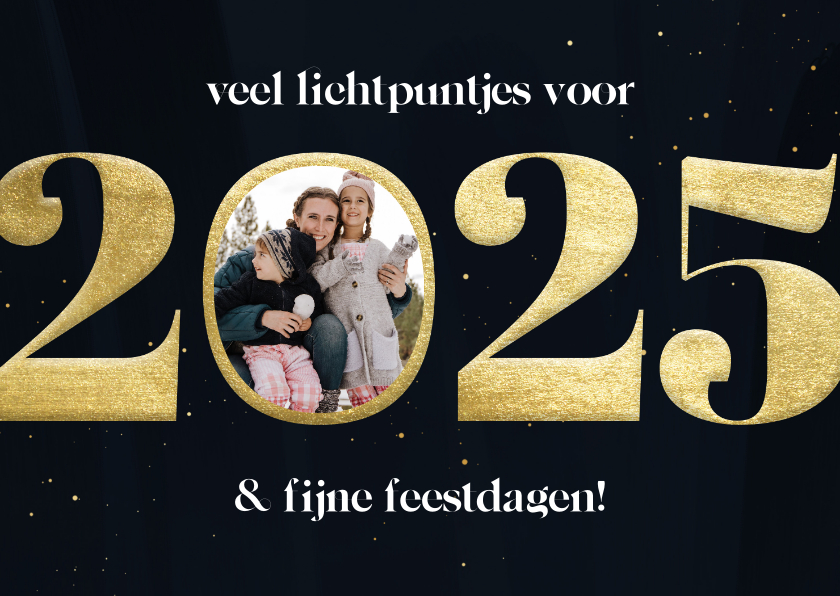 Nieuwjaarskaarten - Nieuwjaarskaart gouden 2025 met veel lichtpuntjes en foto