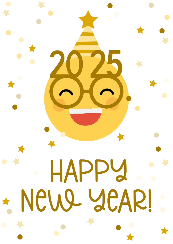 Nieuwjaarskaarten - Nieuwjaarskaart happy new year emoji met 2025 bril