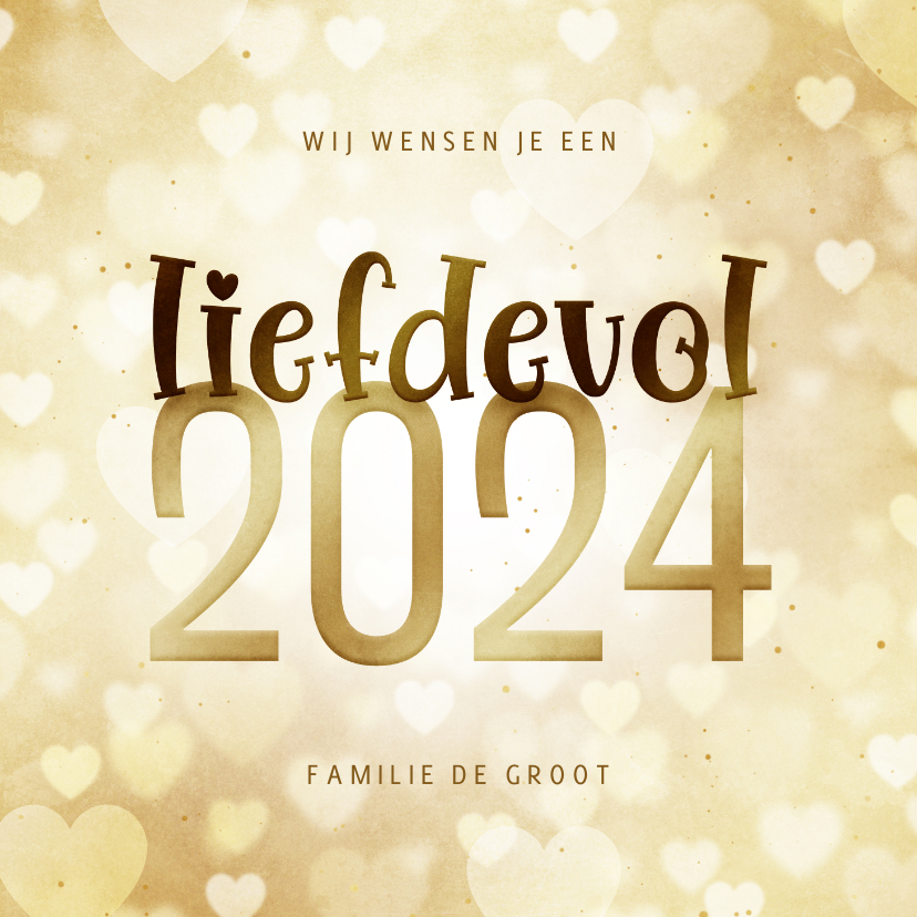 Nieuwjaarskaart Hartjes Liefdevol 2024 Goudlook Kaartje2go