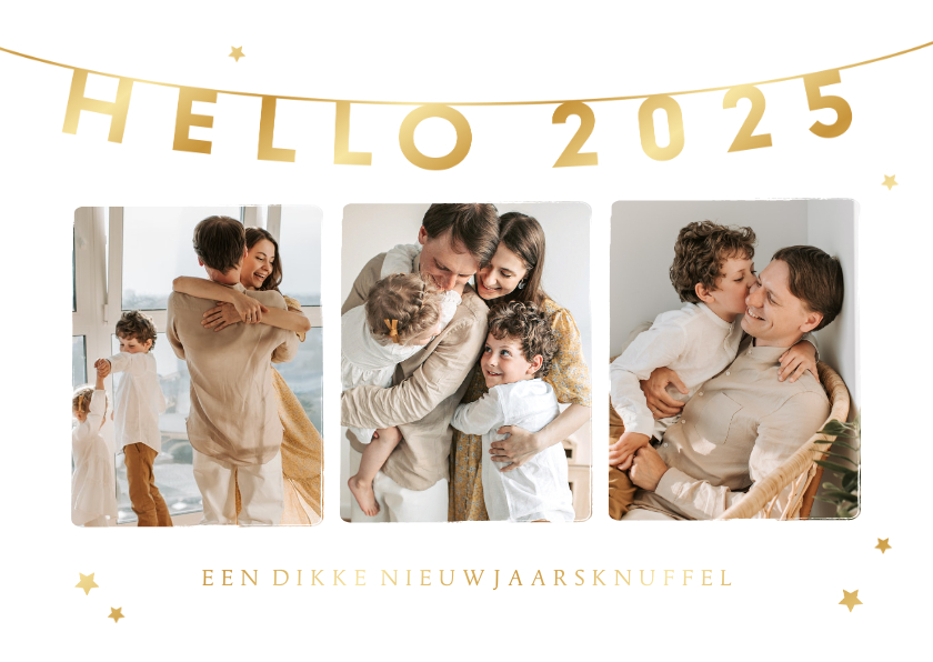 Nieuwjaarskaarten - Nieuwjaarskaart Hello 2025 fotocollage gouden sterren