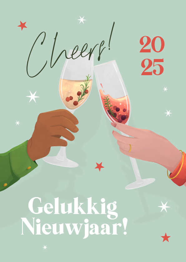 Nieuwjaarskaarten - Nieuwjaarskaart illustratie champagne cheers 2025 sterren