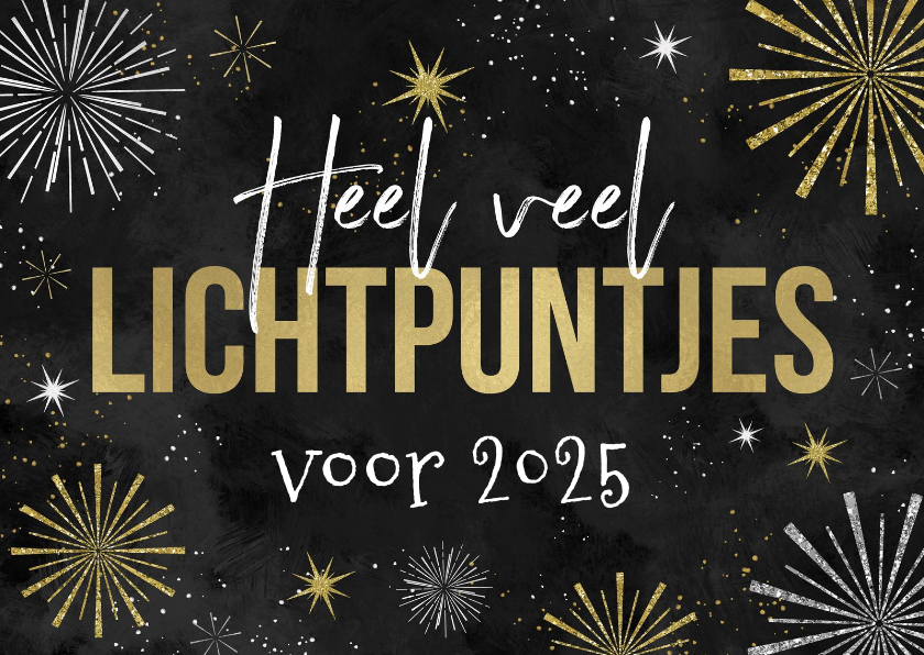 Nieuwjaarskaarten - Nieuwjaarskaart lichtpuntjes vuurwerk sterren oliebol