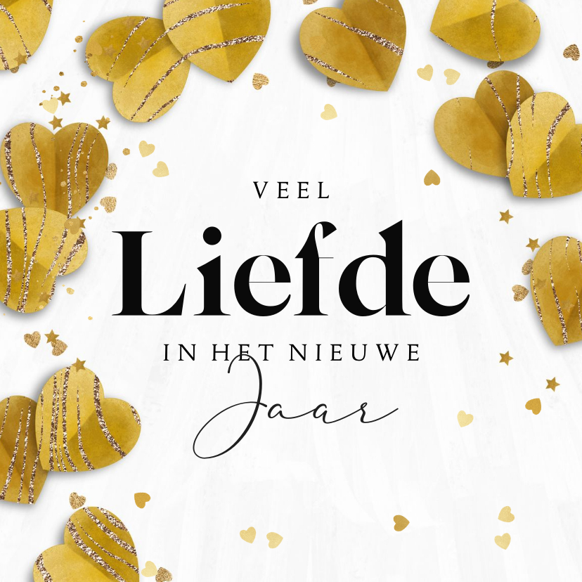 Nieuwjaarskaarten - Nieuwjaarskaart liefdevol hartjes confetti goud ster