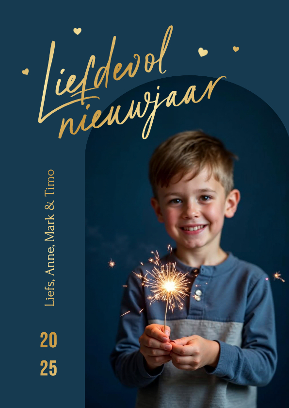 Nieuwjaarskaarten - Nieuwjaarskaart liefdevol nieuwjaar foto hartjes goud