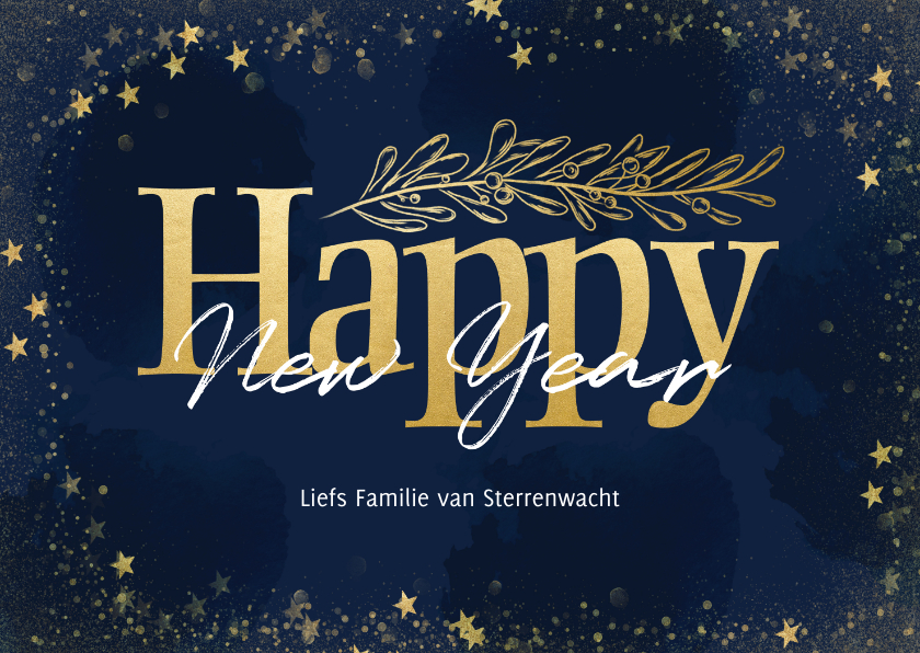 Nieuwjaarskaarten - Nieuwjaarskaart liggend gouden sterren - Happy New Year