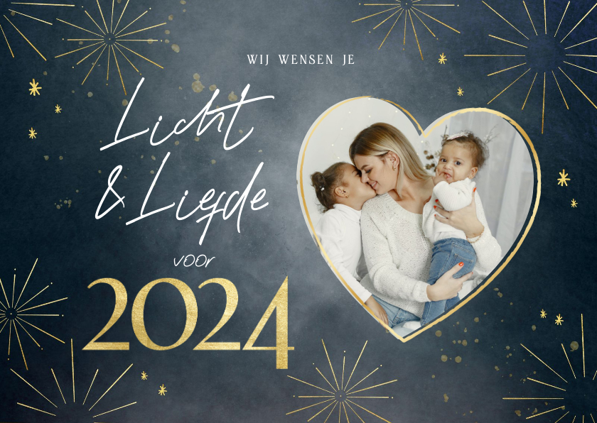 Nieuwjaarskaarten - Nieuwjaarskaart met foto licht liefde goud vuurwerk 2025