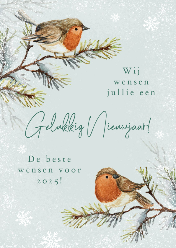 Nieuwjaarskaarten - Nieuwjaarskaart roodborstjes natuurlijk illustratie sneeuw