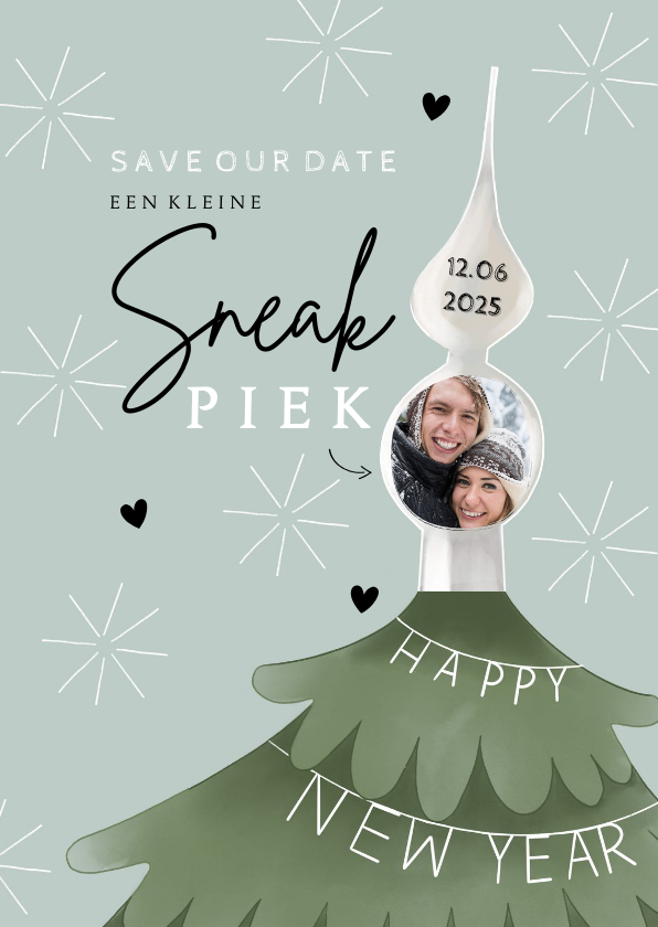 Nieuwjaarskaarten - Nieuwjaarskaart 'sneakpiek' save the date kerstboom