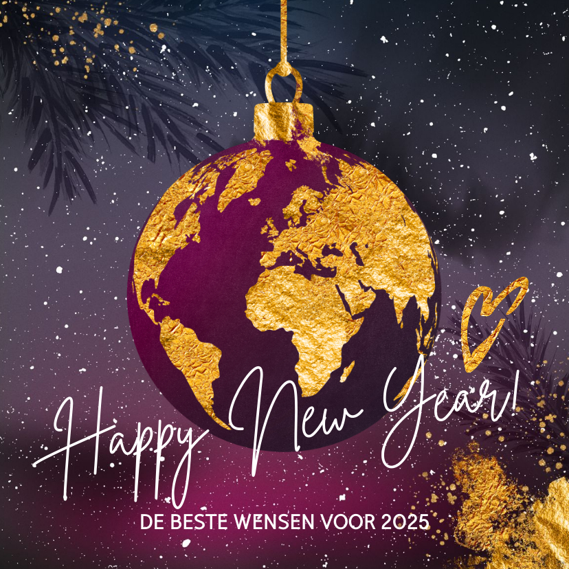 Nieuwjaarskaarten - Nieuwjaarskaart stijlvolle kerstbal wereldbol paars