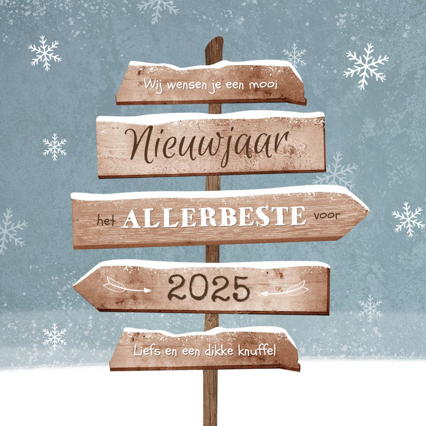 Nieuwjaarskaarten - Nieuwjaarskaart winterse wegwijzers sneeuw