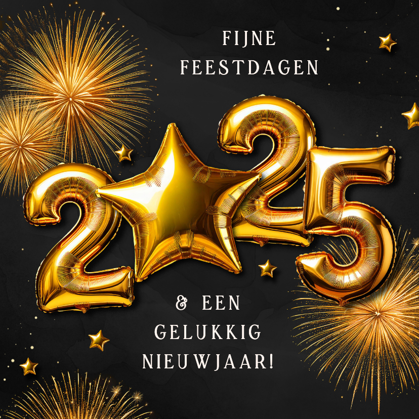 Nieuwjaarskaarten - Nieuwjaarskaartje folieballonnen 2025 ster vuurwerk goud