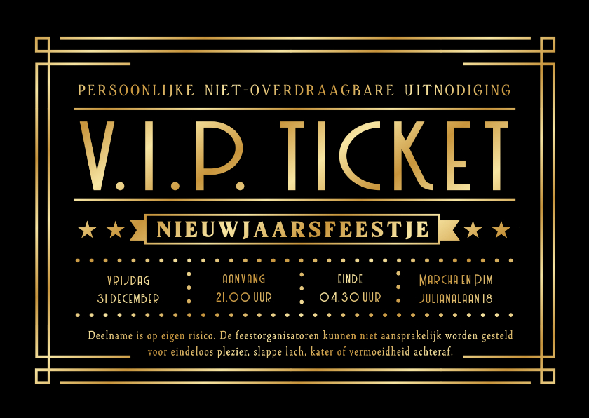 Nieuwjaarskaarten - Originele uitnodiging oud en nieuw VIP-ticket goud