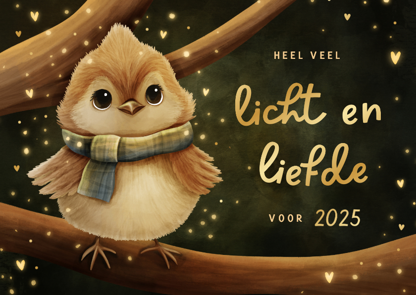 Nieuwjaarskaarten - Sprankelende nieuwjaarskaart vogeltje licht en liefde