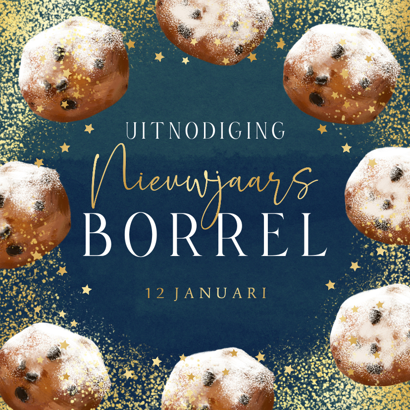 Nieuwjaarskaarten - Stijlvolle uitnodiging oliebollen nieuwjaarsborrel ster goud