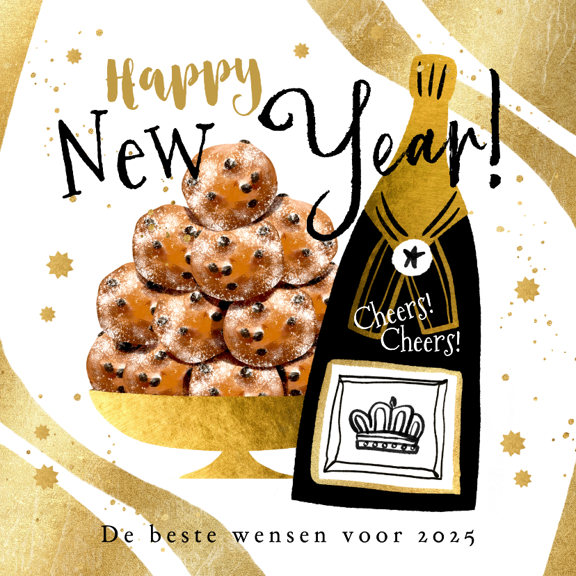 Nieuwjaarskaarten - Trendy nieuwjaarskaart feestelijk goud champie oliebollen