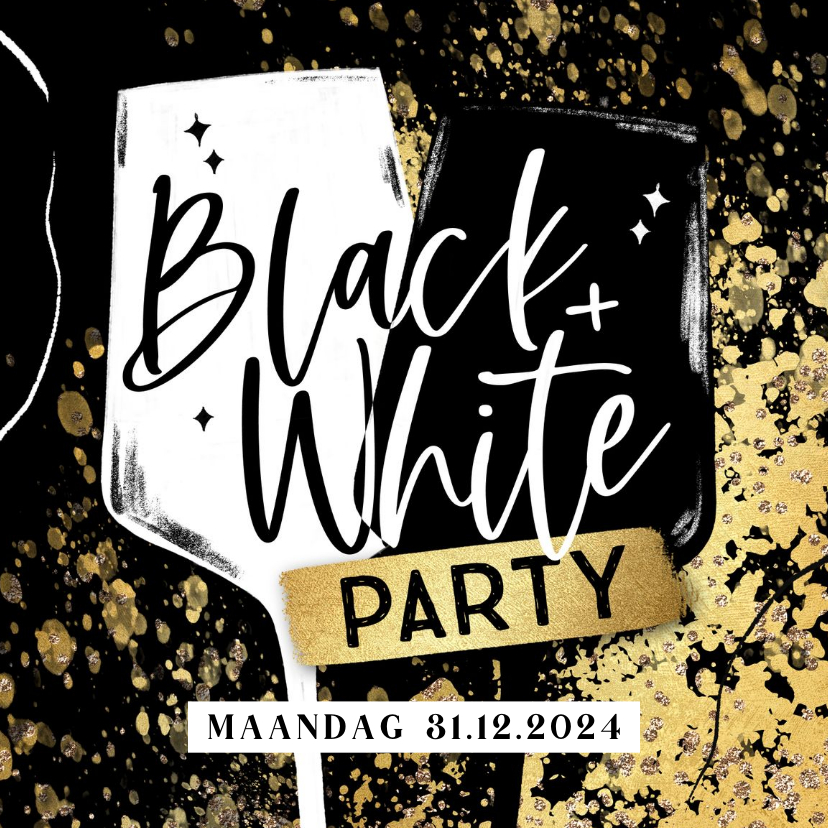 Nieuwjaarskaarten - Uitnodiging nieuwjaar Black&White party glazen goudlook