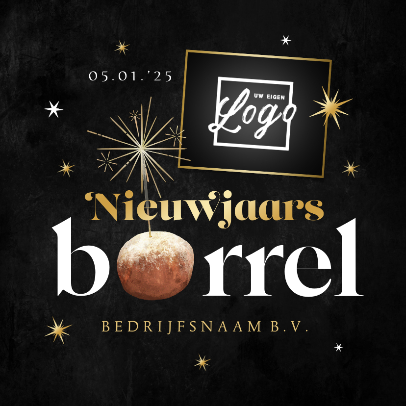 Nieuwjaarskaarten - Uitnodiging nieuwjaarsborrel champagne oliebol sterren goud