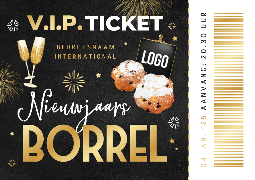 Nieuwjaarskaarten - Uitnodiging nieuwjaarsborrel ticket VIP oliebollen champagne