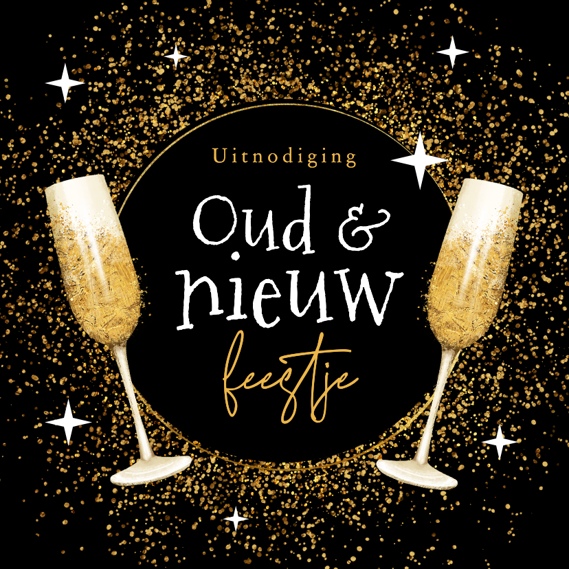 Nieuwjaarskaarten - Uitnodiging oudejaarsavond oud en nieuw feestje goud