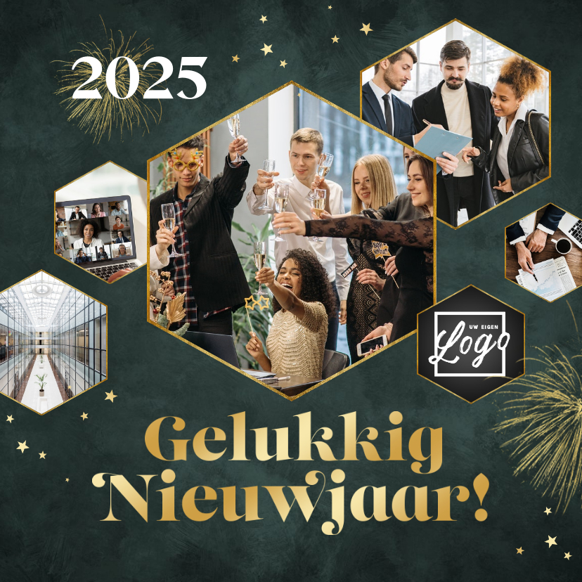 Nieuwjaarskaarten - Zakelijke nieuwjaarskaart fotocollage vuurwerk sterren goud