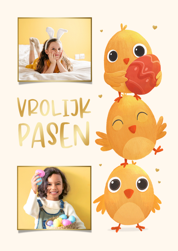 Paaskaarten - Paaskaart vrolijk pasen kuikens grappig lief hartjes foto's