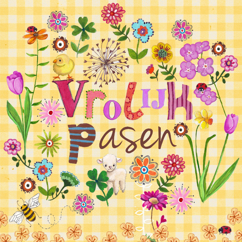 Paaskaarten - Vrolijk Pasen Letters Bloemen Kuiken