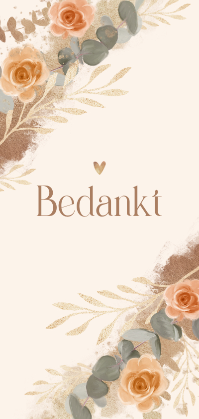 Rouwkaarten - Bedankkaart bloemen stijlvol beige goud