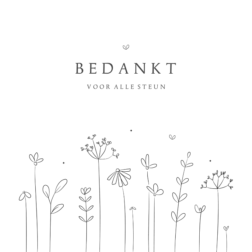 Rouwkaarten - Bedankkaart subtiel ingetogen lijnillustratie wilde bloemen 