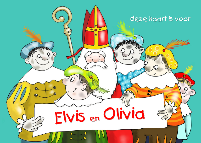 Sinterklaaskaarten - Sinterklaas - Sinterklaas en vijf van zijn roetpieten