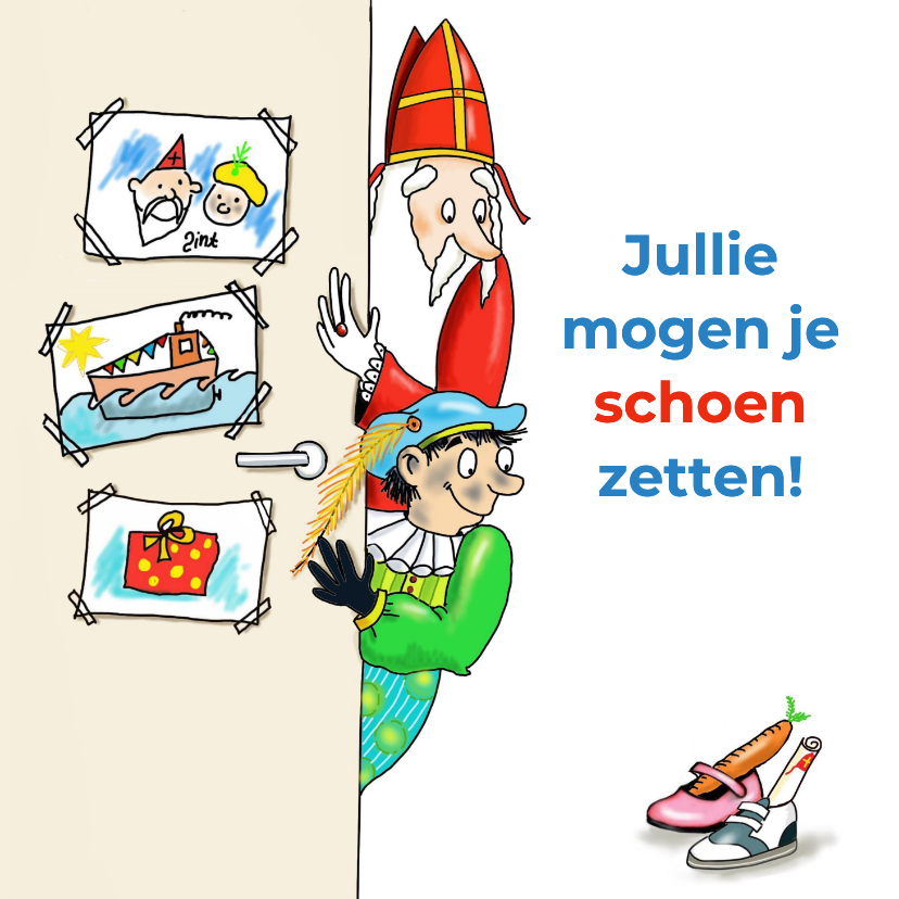 Sinterklaaskaarten - Sinterklaaskaart achter de deur staan Sint en Piet 