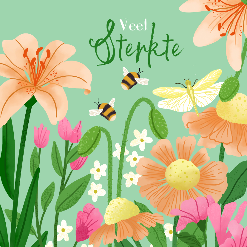 Sterkte kaarten - Geïllustreerde sterkte kaart met bloemen en hommels