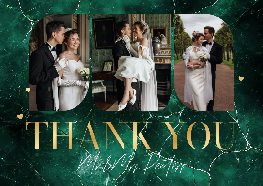 Trouwkaarten - Bedankkaart bruiloft groen marmer stijlvol foto's bedankt