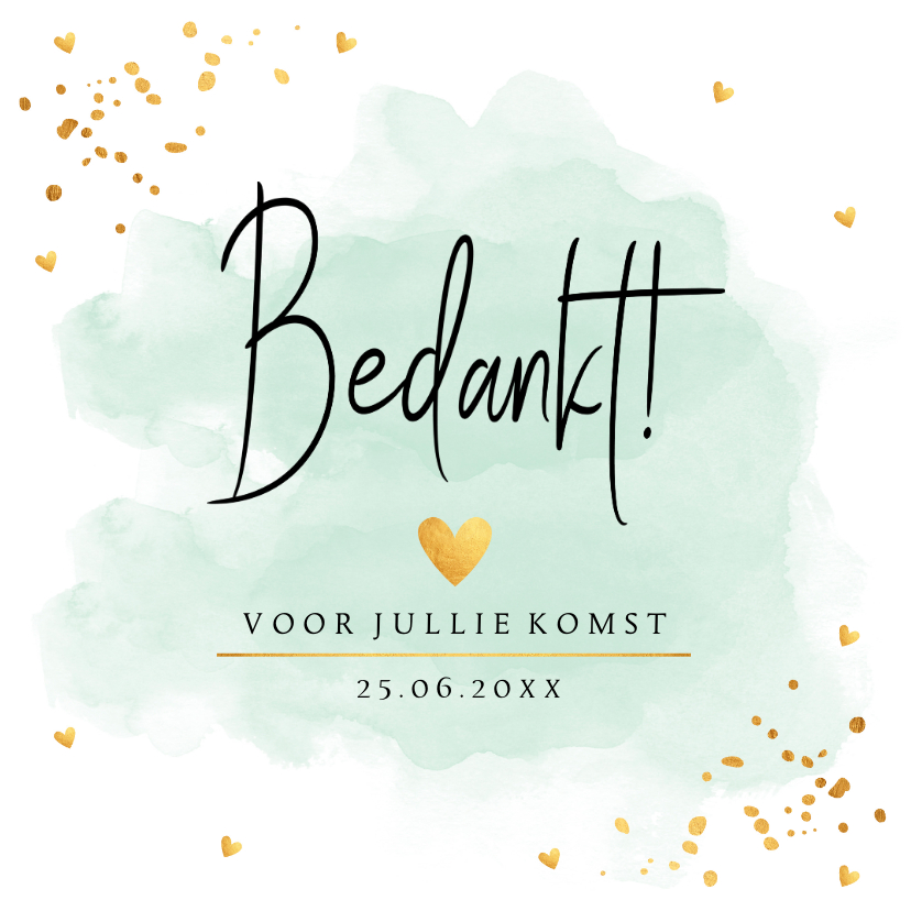 Trouwkaarten - Bedankkaart bruiloft waterverf mintgroen goudlook confetti