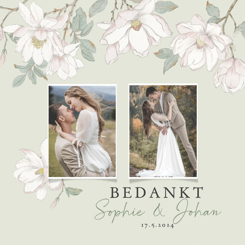 Trouwkaarten - Bedankkaart met witte magnolia's