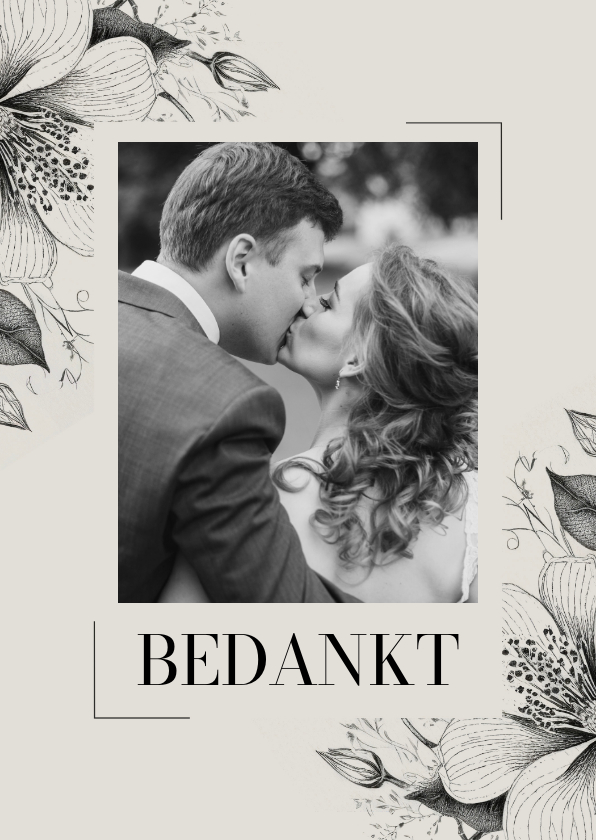 Trouwkaarten - Bedankkaartje trouwen vintage bloemen bedankt met foto