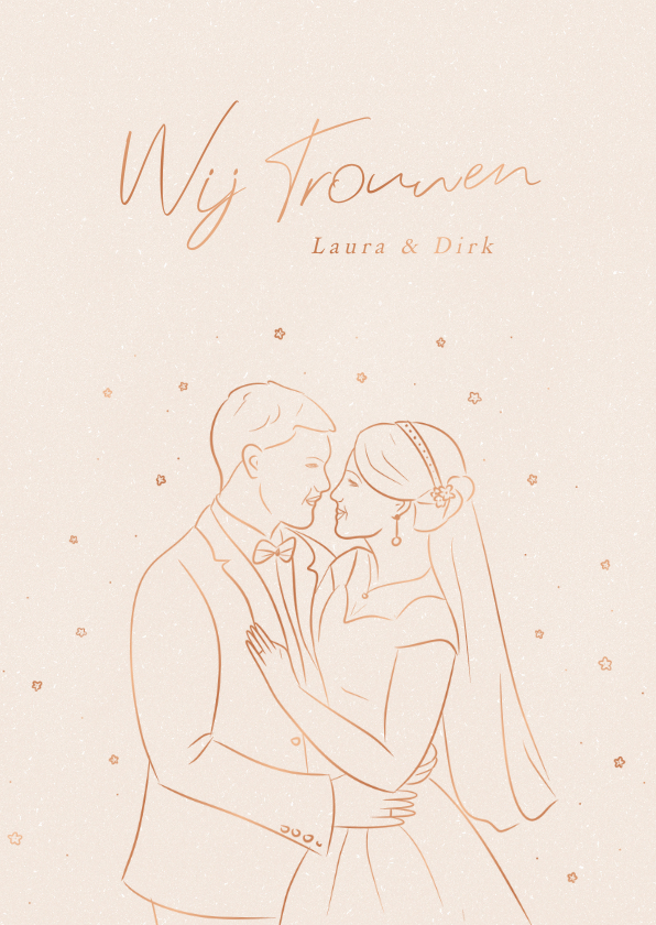 Trouwkaarten - Beige trouwkaart met lijnillustratie bruidspaar in koper