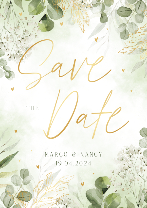 Trouwkaarten - Botanische save the date kaart met waterverf en goudfolie