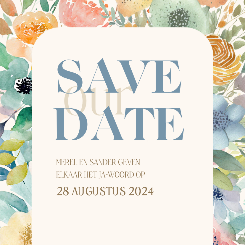 Trouwkaarten - Fleurige save the date waterverf bloemen en takjes