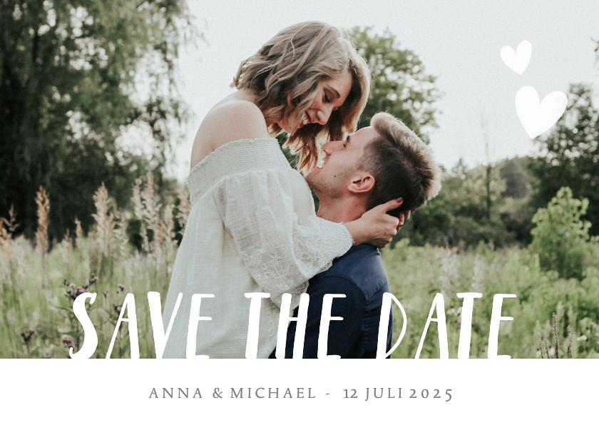 Trouwkaarten - Hippe Save the Date kaart met eigen foto en witte letters