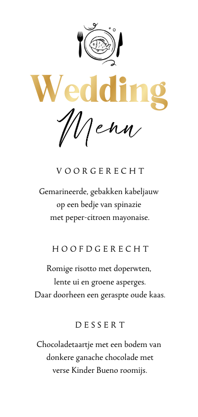 Trouwkaarten - Menukaart wedding menu goud doodle illustratie stijlvol