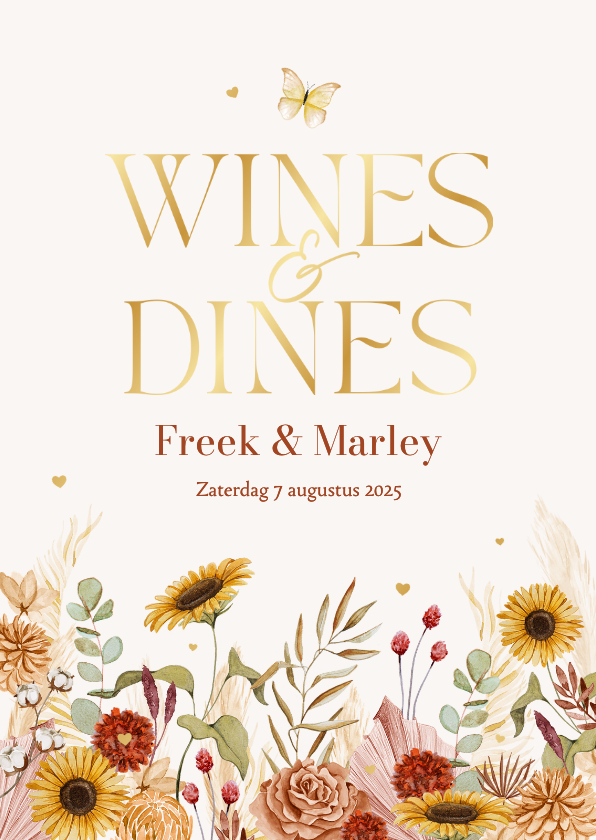 Trouwkaarten - Menukaart wines dines bohemian bloemen vlinders hartjes goud