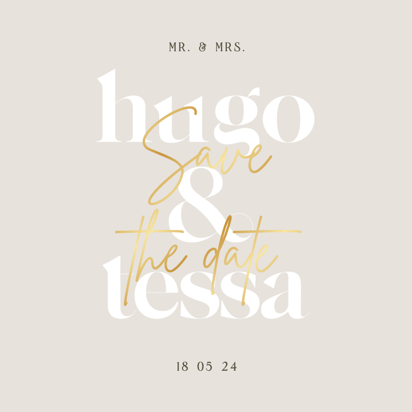 Trouwkaarten - Minimalistische beige save the date met grote datum goud