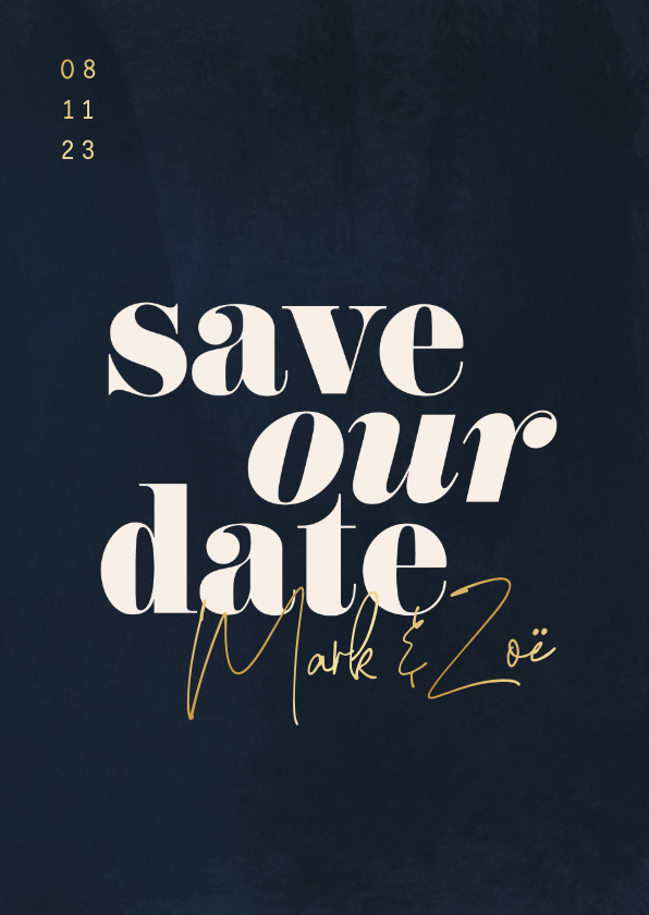 Trouwkaarten - Minimalistische save the date donkerblauw met waterverf