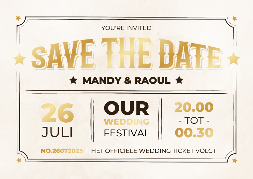 Trouwkaarten -  Moderne save the date kaart ticket vintage stijl met goud