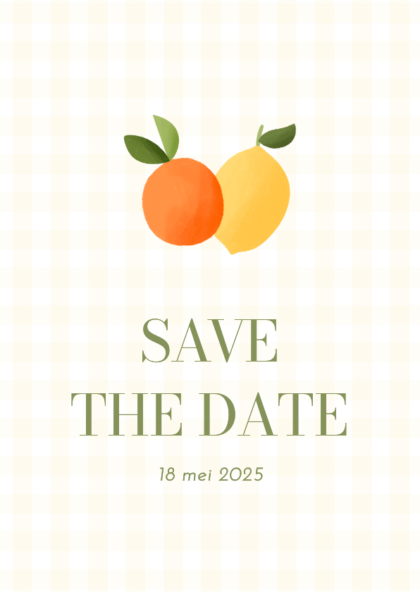 Trouwkaarten - Save the date bruiloft gele ruitjes met citroen en mandarijn