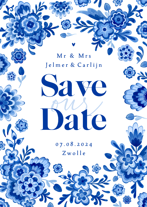 Trouwkaarten - Save the date Delfts blauw bloemen stijlvol romantisch